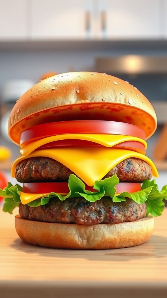 A colorful 3D burger animation showing the assembly of a burger with patty, cheese, lettuce, and tomato in a modern kitchen.